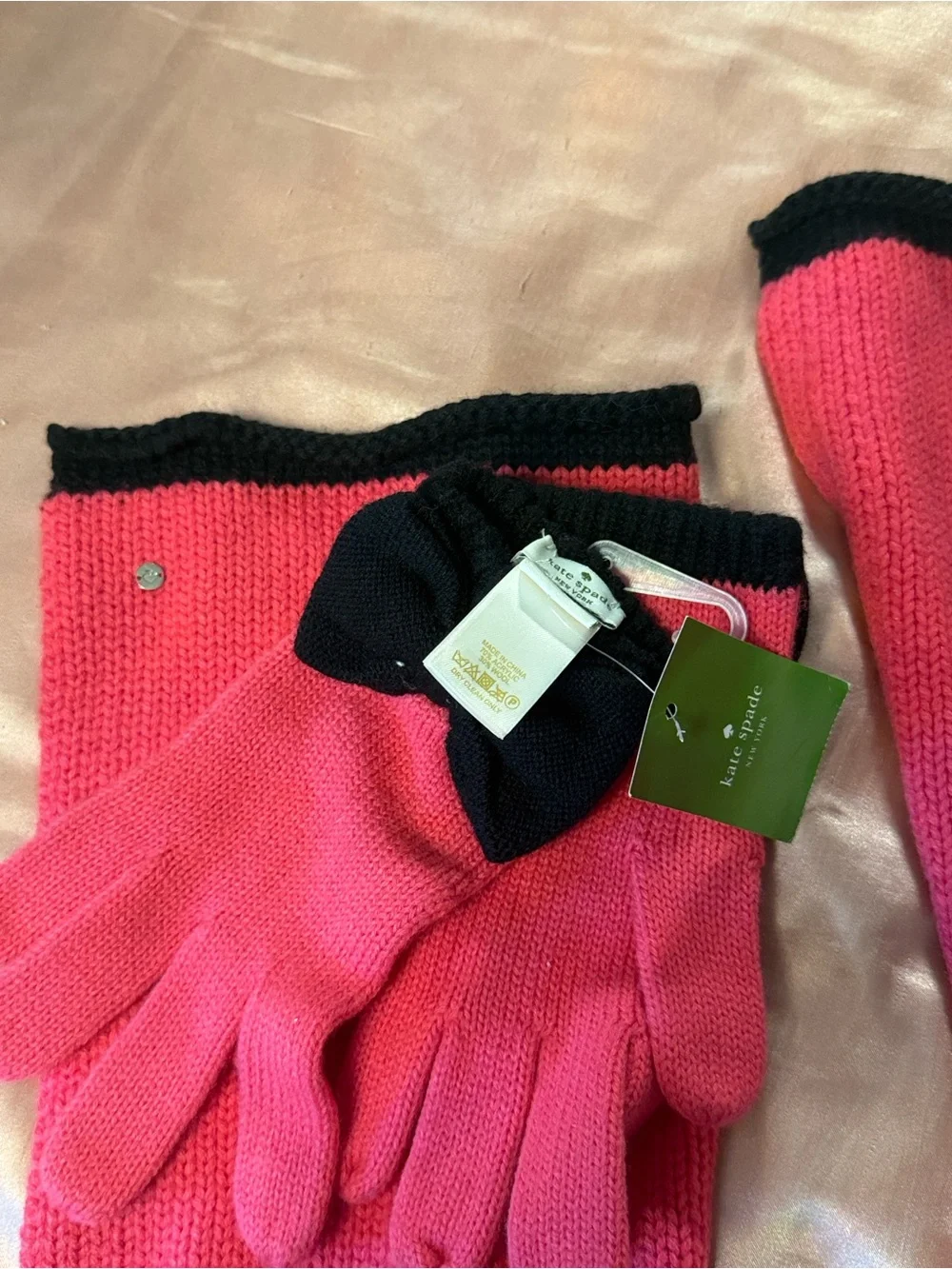 kate spade Hot Pink and Black Knit Glove & Scarf Set